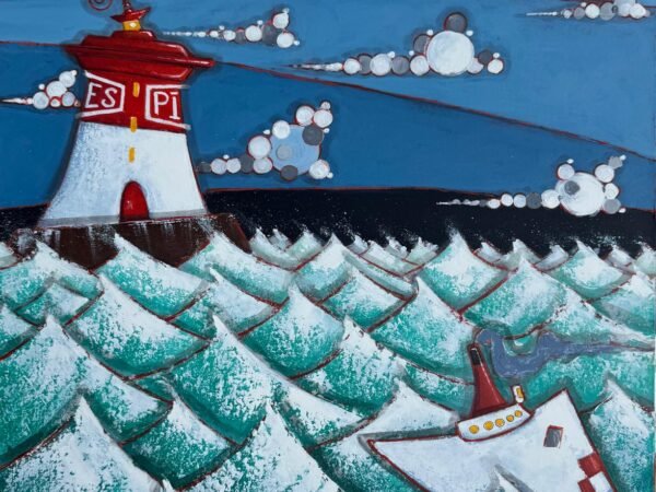 Tempête en mer d’Iroise au pied du phare des Pierres Noires.