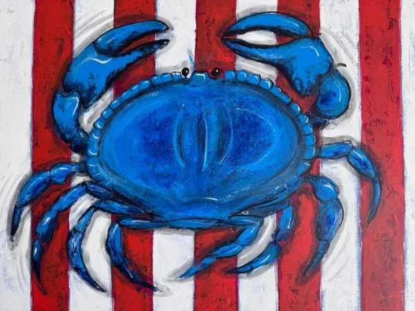Tableau Crabe Dormeur bleu sur nappe rayée