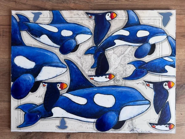 Tableau peinture les orques et les macareux moines